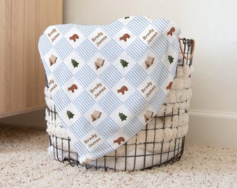 Hiking Baby Name Blanket, Personalized Bear Newborn Name Blanket, Camping Minky Blanket, Camp Theme Baby, Nature Baby Gift, Baby Shower Gift