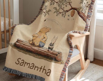 Personalized Winnie the Pooh Woven Baby Blanket, Custom Baby Blanket with name, Classic Pooh Nursery Decor, Newborn Name Blanket Shower Gift