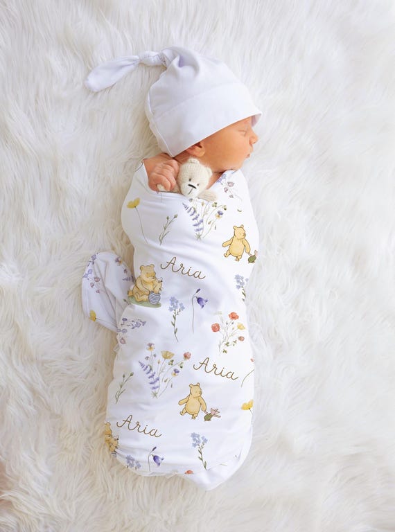 Classic Winnie The Pooh Floral Personalized Baby Name Blanket,Classic Pooh  Nursery,Custom Baby Swaddle Headband Set,Custom Baby Shower Gift