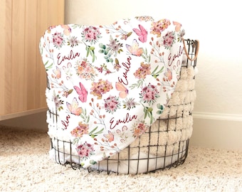 Baby girl wildflower blanket, Personalized baby name newborn swaddle, butterfly and floral receiving blanket, Flower name blanket, In bloom