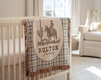 Personalized Cowboy Woven Baby Blanket, Western Cowboy Boys Blanket, Heirloom Blanket, Newborn Name Blanket, Baby Name Blanket, Woven Throw