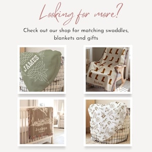 May include: Four different woven baby blankets with personalized names. The blankets are displayed on a white background with a wicker basket and a crib.
