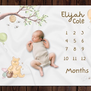Classic Winnie The Pooh Custom Milestone Blanket, Personalized Monthly Milestone Blanket, Newborn Custom Name Blanket, Personal Baby Gift