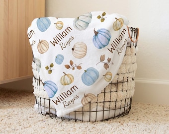 Blue Pumpkin Fall Baby Name Blanket, Baby Boy Name Swaddle, Autumn Swaddle Set, Girl Name Swaddle, Newborn Halloween Personalized Blanket
