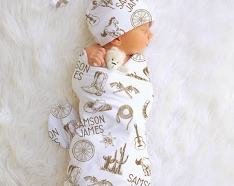 Personalized Western Cowboy Newborn Swaddle Blanket with name, Newborn baby hospital announcement Hat Bow Headband bundle set,receiving Gift