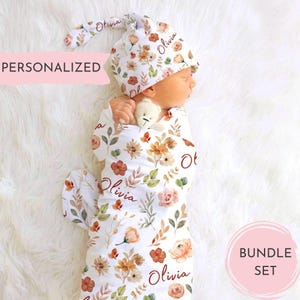 Baby girl wildflower blanket, Personalized baby name newborn swaddle, Floral receiving blanket, Flower name blanket, Bloom Headband bow Hat