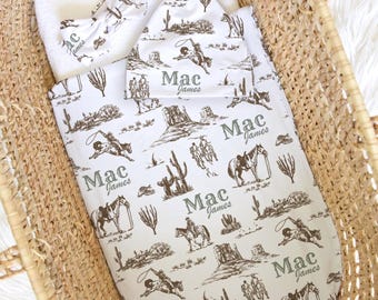 Personalized Western Cowboy Newborn Swaddle Blanket with name, Newborn baby hospital announcement Hat Bow Headband bundle set,receiving Gift