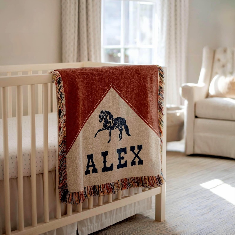 🐴Personalized Cowboy Woven Baby Blanket, Western Cowboy Boys Blanket, Heirloom Blanket, Newborn Name Blanket, Baby Name Blanket, Woven Throw