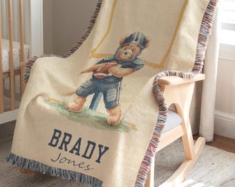 Personalized Vintage Sport Theme Bear Boy Blanket, Football Woven Baby Blanket, Sport Boy Teddy Bear Nursery,Heirloom Newborn Name Blanket