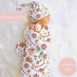 Personalized Floral Newborn Swaddle Blanket with Hat Bow Headband,Wildflower Baby Name Swaddle Set,Baby Girl Hospital Blanket Receiving Gift
