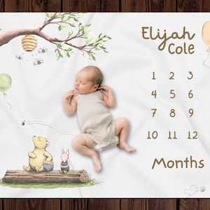 Classic Winnie The Pooh Custom Milestone Blanket, Personalized Monthly Milestone Blanket, Newborn Custom Name Blanket, Personal Baby Gift