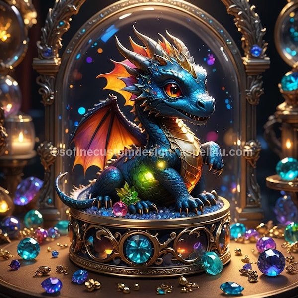 Baby Dragon sitting on Fancy Jewelry Box - Digital Download Poster, Canvas Print, Wall Art, Spell Page, Junk Journal, Cottage Core, DIY Art