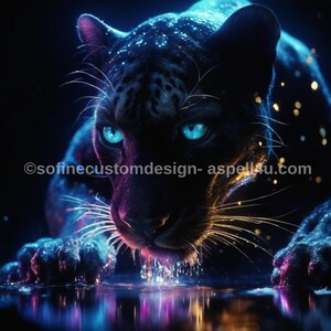 May include: A black panther with blue eyes, glowing with a blue and yellow light, is drinking from a pool of water. The panther's fur is covered in tiny sparkles.