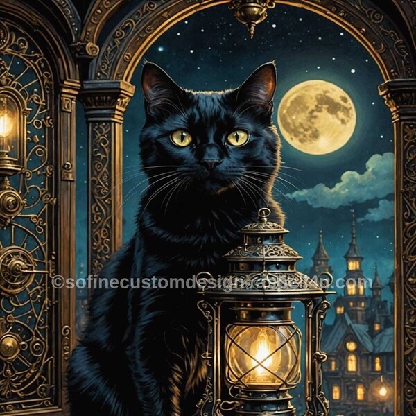 Mystic Black Cat with Lantern Full Moon - Digital Download Poster, Canvas Print, Wall Art, Spell Page, Junk Journal, Cottage Core, DIY Art