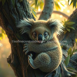 Sleepy Koala Bear on Tree AI Created One of a Kind Digital Download Canvas Poster Wall Art Print DIY Printable Gift Make Your Own Crafts