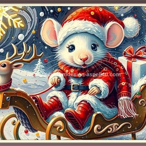Mouse on Sleigh Reindeer Christmas Card You Can Edit in Canva for Free AI Created Digital Download with QR Code for Phone DIY Printable Card