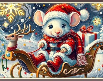 Mouse on Sleigh Christmas Card, Retro Printable Art (Digital Download)