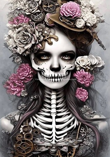 Steampunk Gothic Skeleton Girl - Digital Download, AI Assisted Art, DIY Canvas Poster, Wall Art, Digital Gifting, Junk Journal, Cottage Core