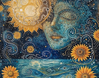 Sun & Moon Faces Art Print – Whimsigoth Cottagecore Wall Art (Digital Download)