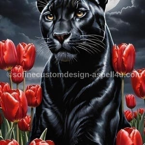 Black Panther Full Moon Red Tulips AI Created One of a Kind Digital Download Canvas Poster Wall Art DIY Printable Gift Make Your Own Crafts