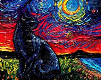 Mystic Black Cat Art Print, Whimsigoth Wall Decor (Digital Download)
