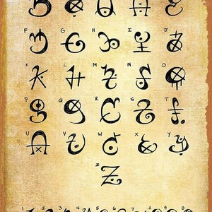 May include: A chart with a handwritten alphabet and numbers. The alphabet is written in a unique, stylized font with each letter represented by a different symbol. The numbers are also written in a stylized font.