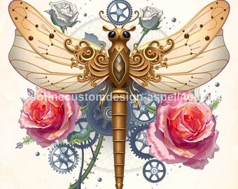 Gothic Dragonfly Gears Poster, Antique Style Wall Art (Digital Download)