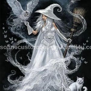 White Magic Witch with Owl and Cat AI Created One of a Kind Digital Download Canvas Poster Wall Art DIY Printable Gift Make Your Own Crafts