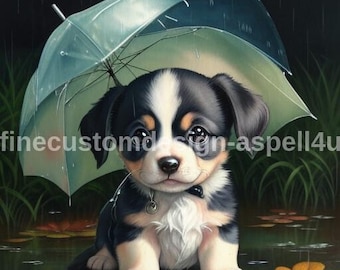 Puppy in Rain with Umbrella Art Print, Whimsical Cottagecore (Digital Download)