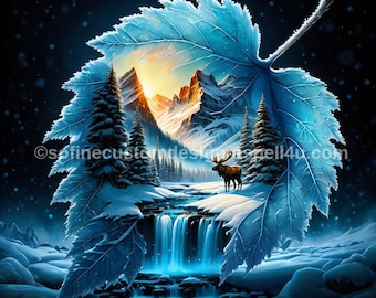 Winter Wonderland Leaf Art Print, AI-Created Digital Download