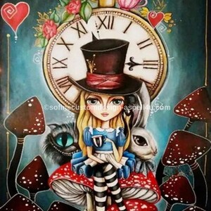 May include: Alice in Wonderland themed illustration featuring a girl with blonde hair wearing a blue dress and a top hat, sitting on a red and white mushroom. She is holding a teacup and saucer. A black cat with green eyes and a white rabbit are beside her. A large clock face with Roman numerals is behind her. The background is a dark blue with red and white mushrooms.