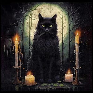 以下が含まれることがあります： 暗い森の中で、満月を背に、緑色の目をした黒い猫が座っている。猫の両側に3本のろうそくが灯され、ろうが垂れている。