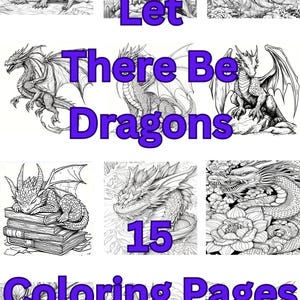Pode incluir: Uma capa de livro para colorir com o título "Let There Be Dragons" e o número "15" que indica o número de páginas para colorir. A capa apresenta ilustrações em preto e branco de dragões em várias poses.