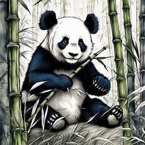 May include: A black and white panda bear sitting in a bamboo forest. The panda is holding a bamboo stick in its paws. The panda is looking at the camera.