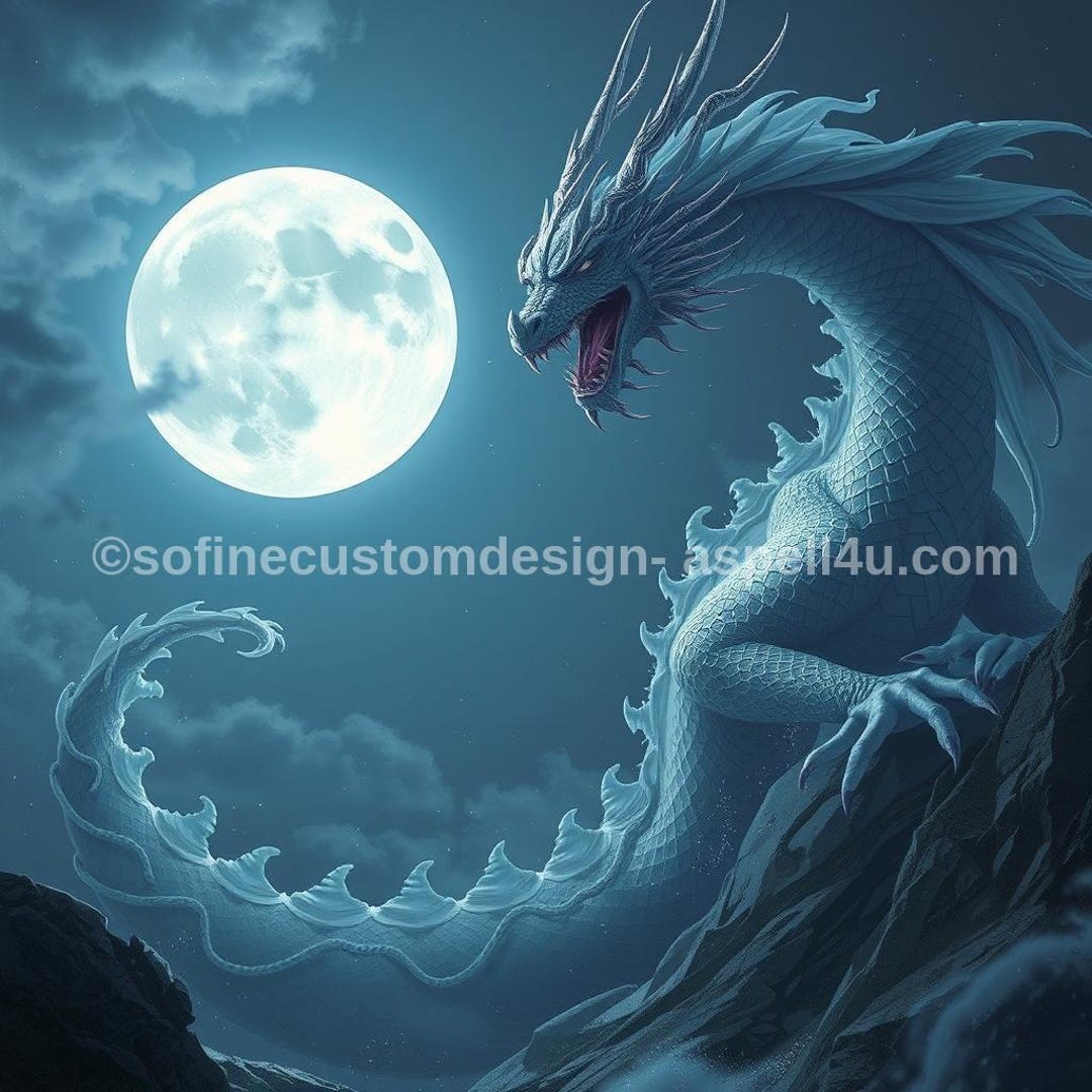 Blue Dragon Full Moon Art Print, Fantasy Wall Decor (digital Download ...