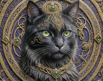 Gold Patterned Cat Art Print – Mystical Feline Portrait (Digital Download)