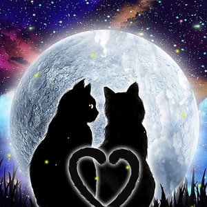 Black Cat Linking Tails into a Heart under Full Moon - High Resolution Versatile Digital Art Instant Download Fairycore, Cottagecore, Crafts