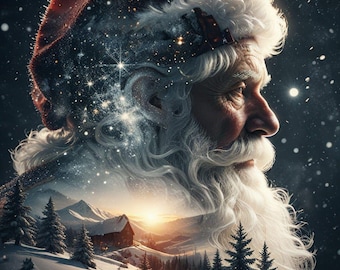 Vintage Santa Claus Night Sky Art Print – Holiday Illustration (Digital Download)