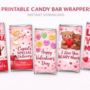 May include: Printable Valentine's Day candy bar wrappers with various designs. One wrapper says "You Are Sweet!" with a chocolate bar character. Other wrappers feature Cupid, teddy bears, and hearts.