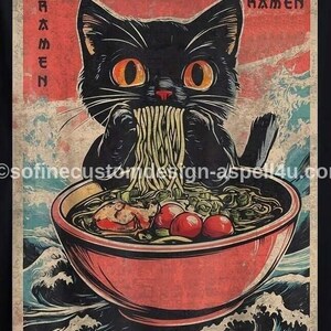 Oriental Style Black Cat Eating Ramen AI Created One of a Kind Digital Download Canvas Poster Wall Art Printable Gift Make Your Own Crafts