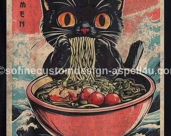Black Cat Ramen Poster, Japanese Style Art (Digital Download)