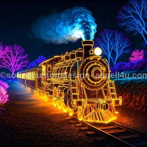 Fiery Sky Train Over Night - AI Created One of a Kind Digital Download Canvas Poster Wall Art Print DIY Printable Gift Make Your Own Crafts