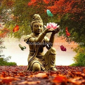 May include: A golden statue of Buddha kneeling and holding a pink lotus flower. The statue is surrounded by a background of autumn leaves and butterflies.
