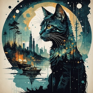 Black Cat Longing for the Sea - Hand Crafted One of A Kind - Digital Download Art Poster, Canvas Print, Wall Art, Cottage Core, DIY Art Gift