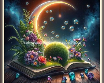 Crescent Moon Open Book Art Print, Whimsigoth Fantasy Decor (Digital Download)