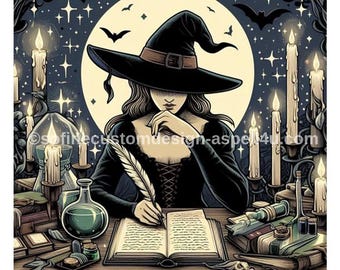 Witch Composing Spell Art Print, Book of Shadows Decor (Digital Download)