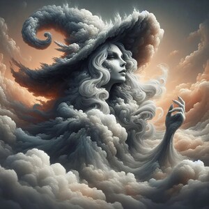 May include: A woman with long, flowing white hair and a pointed hat made of clouds. Her face is visible, and she has a soft, ethereal expression. The background is a swirling mass of clouds in shades of gray and white.