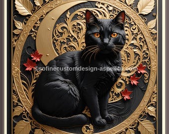 Gold Crescent Moon Black Cat Art Print (Digital Download)