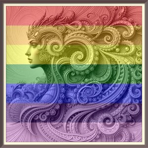 Pode incluir: Uma ilustração abstrata colorida de um rosto de mulher com padrões intrincados em espiral em tons de vermelho, amarelo, verde, azul e roxo.