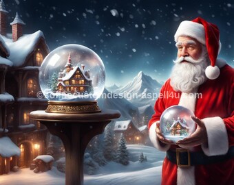Santa with Snow Globe Poster, Christmas Wall Art (Digital Download)